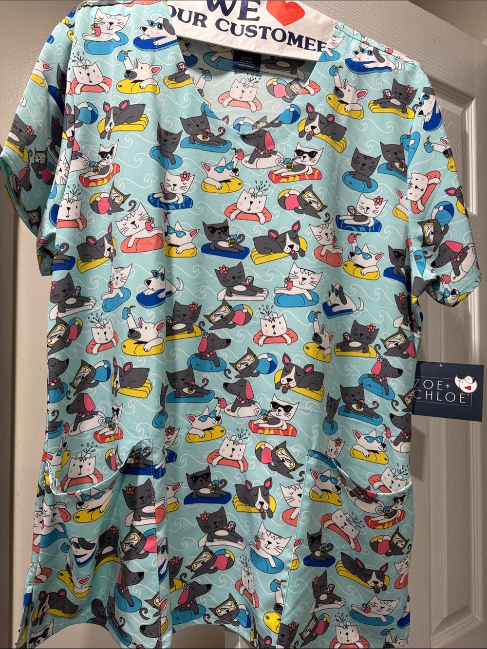 Light Blue Cat Print V-Neck Scrub Top